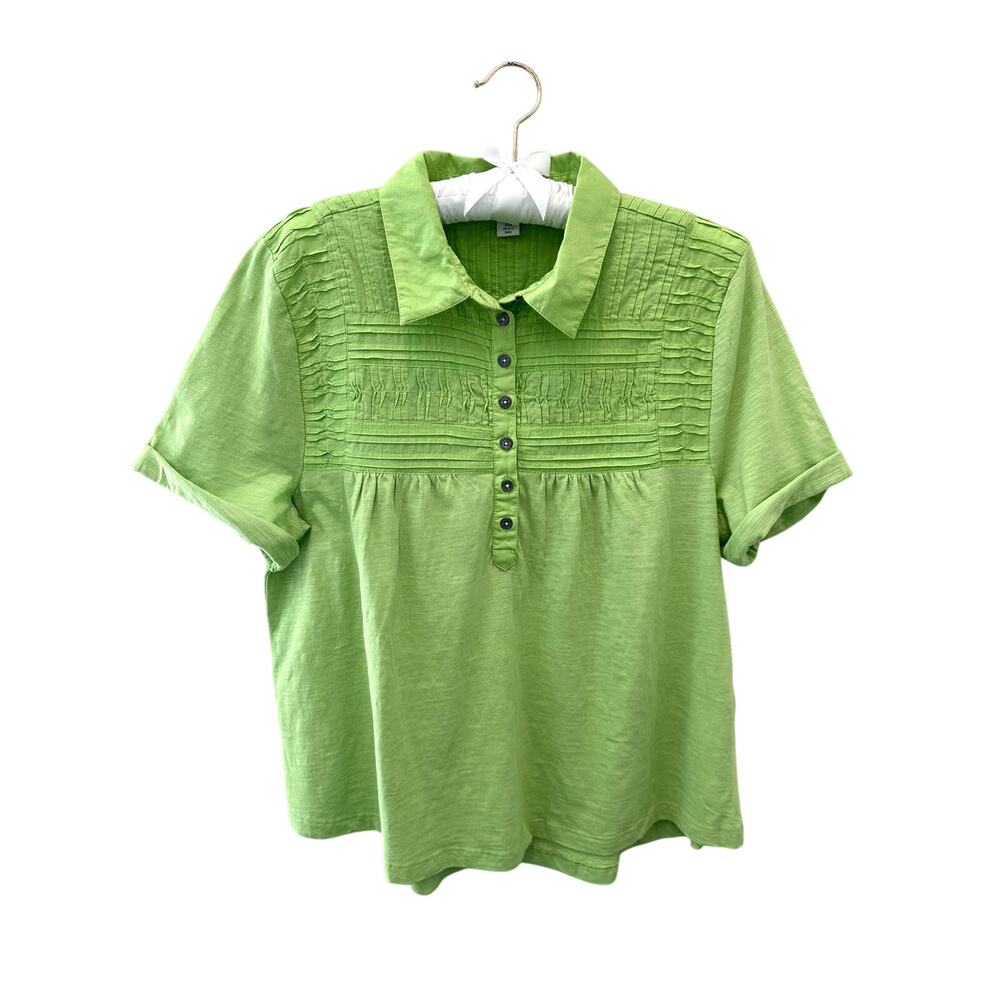 SUNDANCE Lime Green Pintuck Blouse Cotton Boho Short Sleeve Top Petite Medium